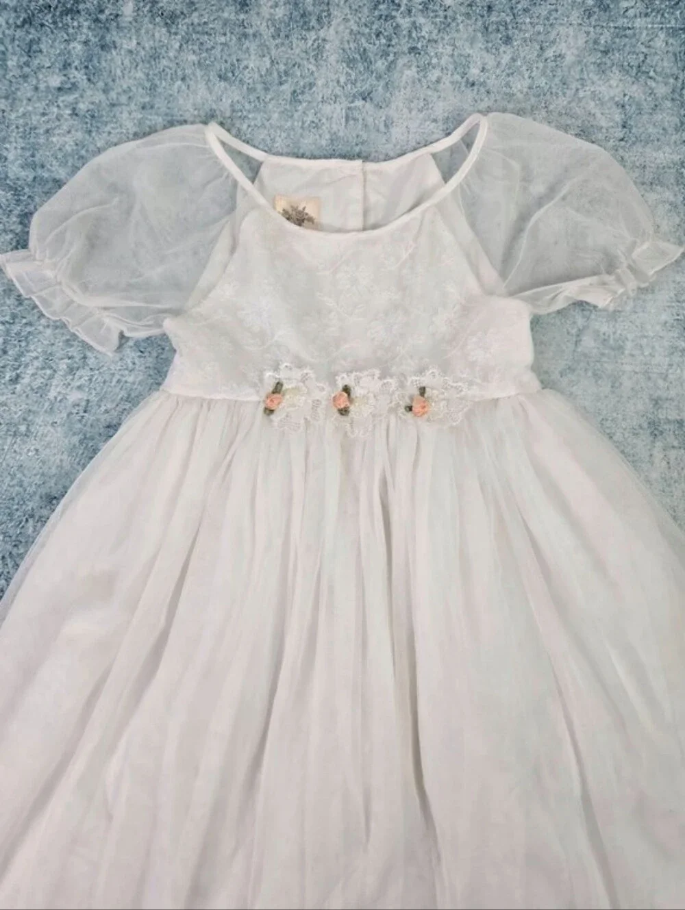 Laura Ashley London White Layered Tulle Short Puff Sleeve Dress Girls Size 6